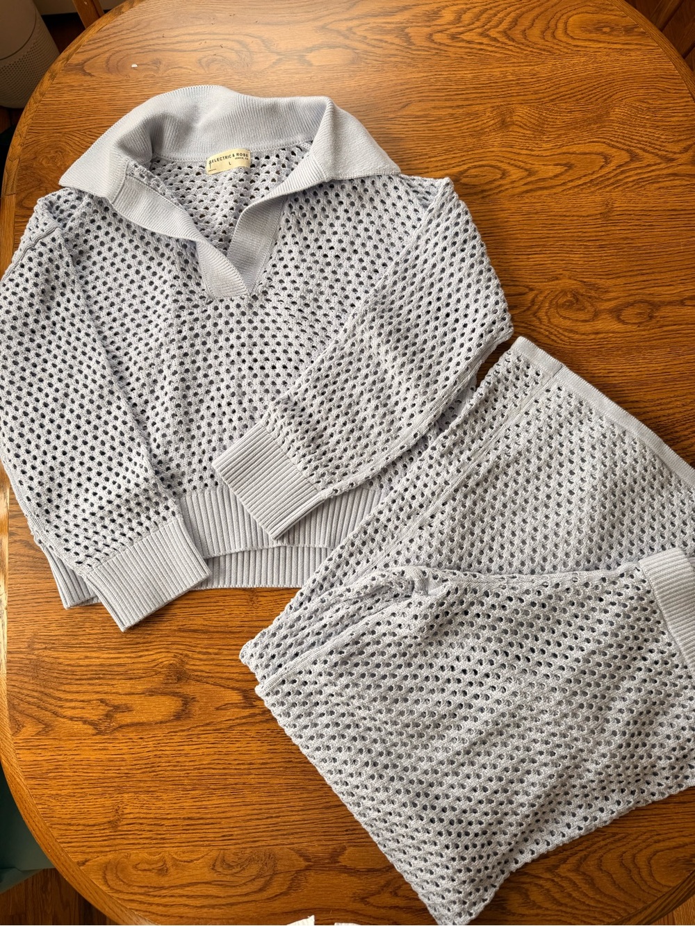 Electric & Rose Light Blue Open-Knit Collared Sweater & Pant Set